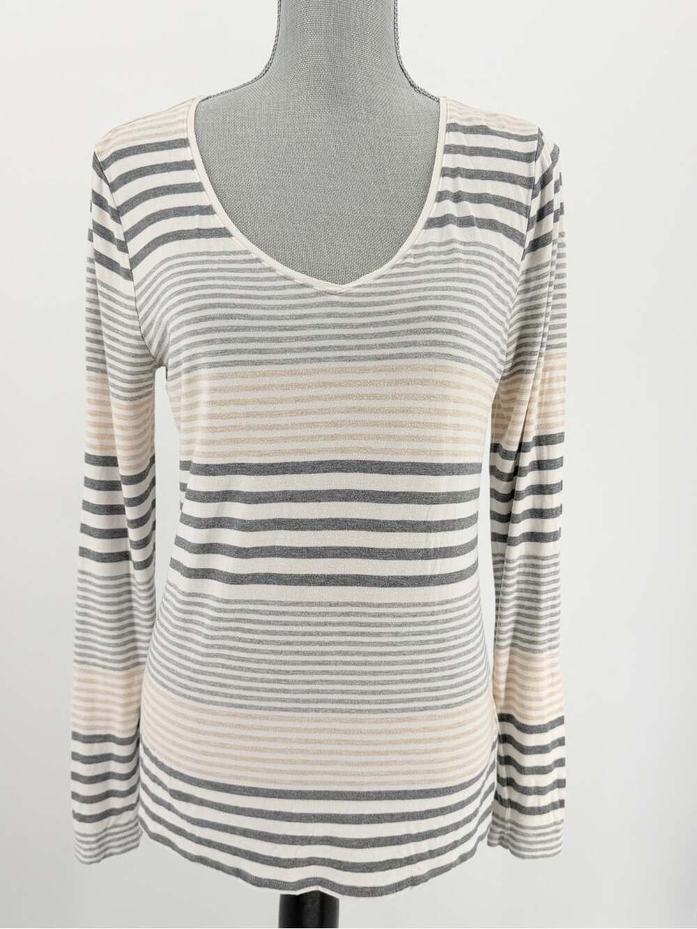 WHBM Striped V-Neck Long Sleeve Top Beige Gray large Academia chic indie sleaze